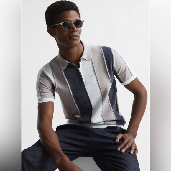 Reiss Other - Reiss Men's Herald Short Sleeve Half Zip Stripe Polo Shirt - Grey